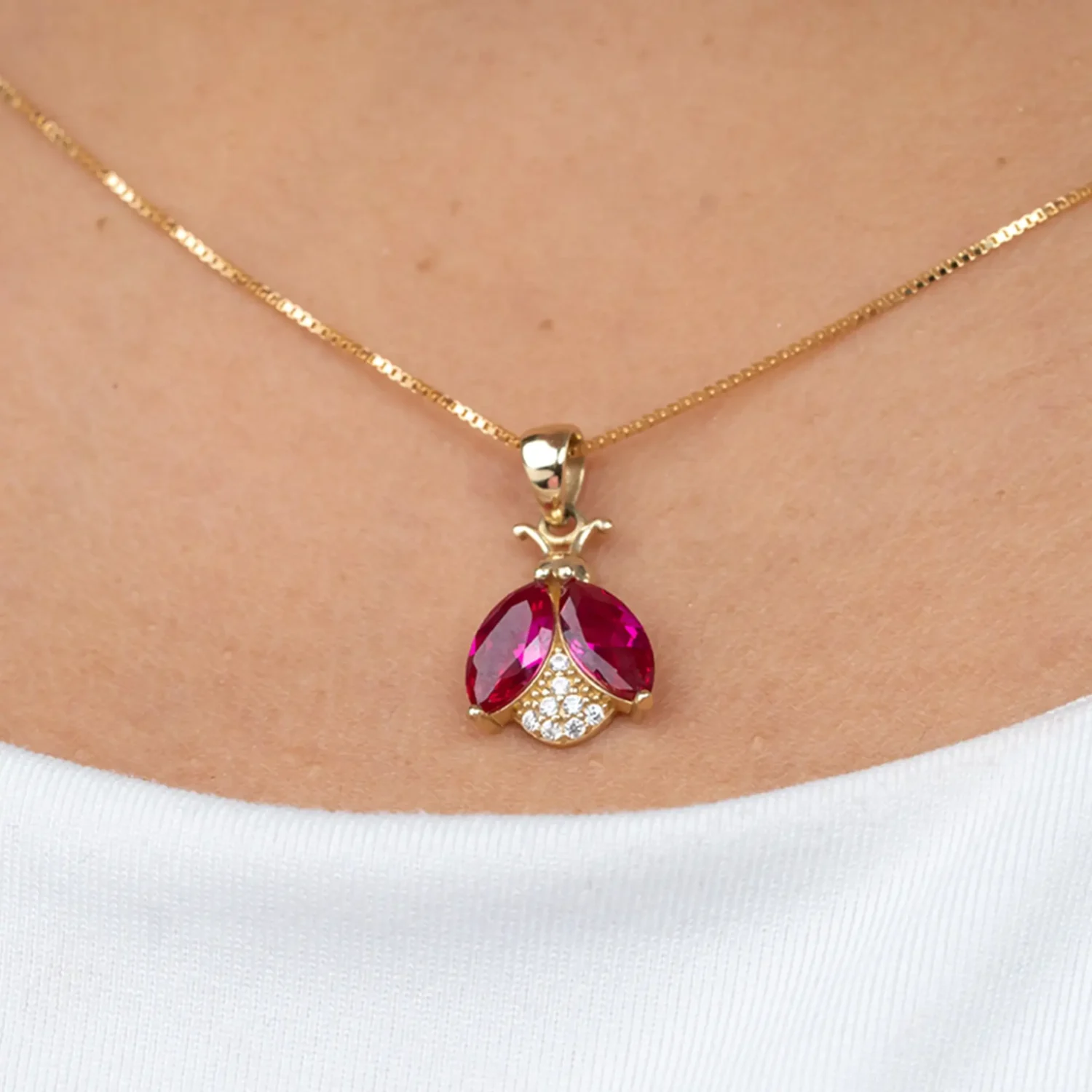 Ruby Ladybug Necklace 14x10mm 10K Gold