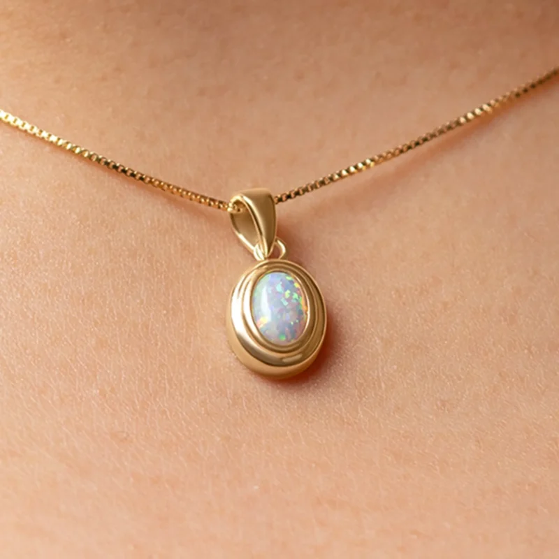 Oval Opal Necklace 10x8mm 14K Gold 14N