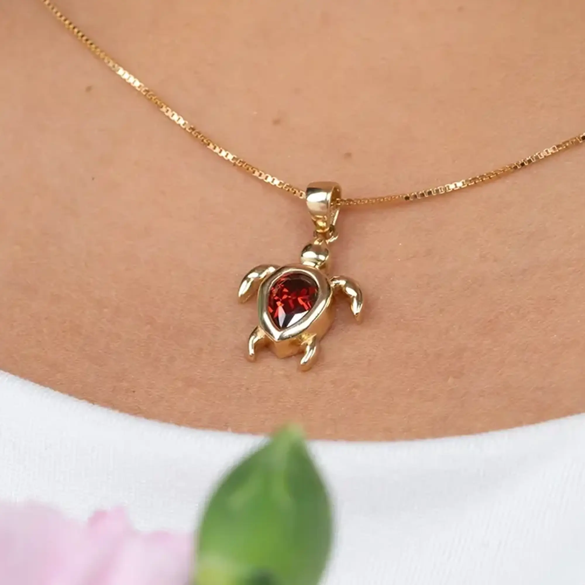 Garnet Turtle Necklace 14x13mm 14K Gold 13 Garnet Turtle Necklace 14x13mm 14K Gold - Image 1