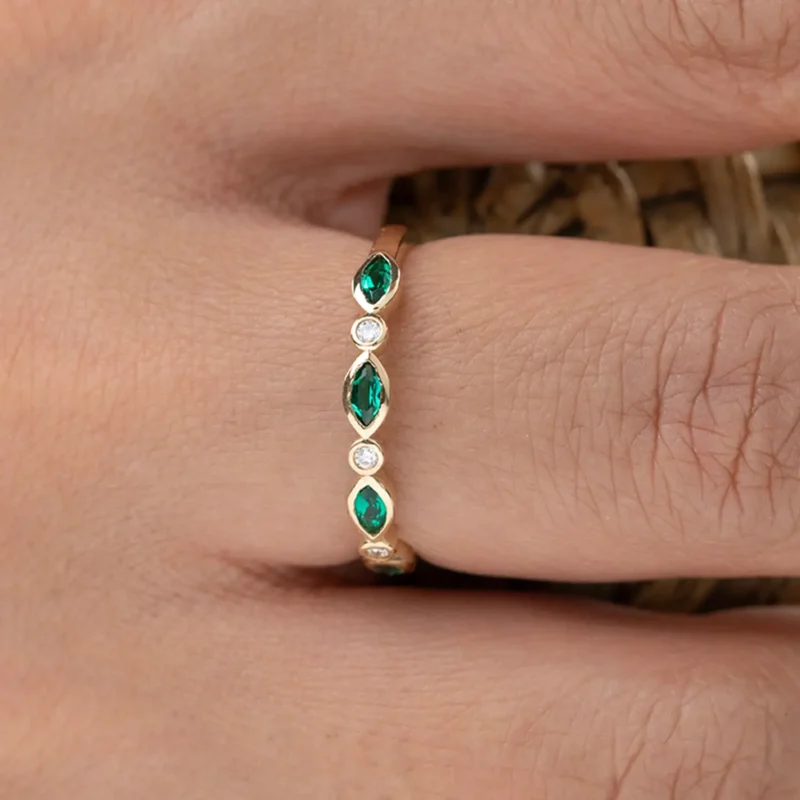 Emerald Marquise Alternating Ring 3mm 14K Gold 10