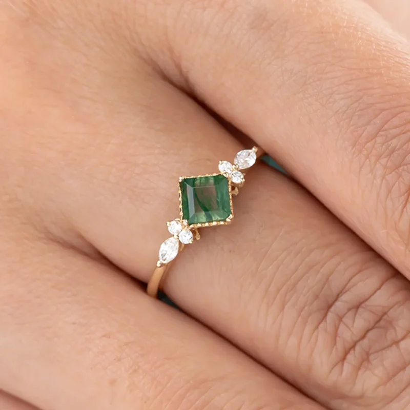 Princess Cut Natural Moss Agate Ring 5x5mm 14K Gold 6